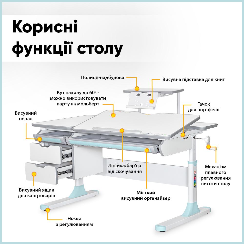 Парта шкільна ергономічна дитяча трансформер Mealux Hamilton Multicolor з полицею S-50 Білий/Блакитний (BD-680 W/G MC+BL+S50 WG) - фото 4
