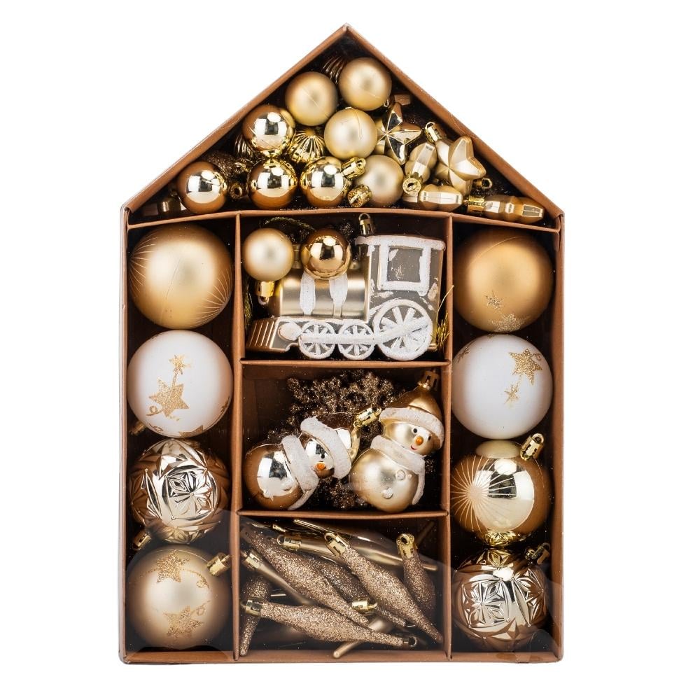 Набір ялинкових іграшок для декору Золоті миті 70 шт. з пластику в коробці Золото (147-81-9125-005) - фото 1 Набір ялинкових іграшок для декору Золоті миті 70 шт. з пластику в коробці Золото (147-81-9125-005) - фото 1