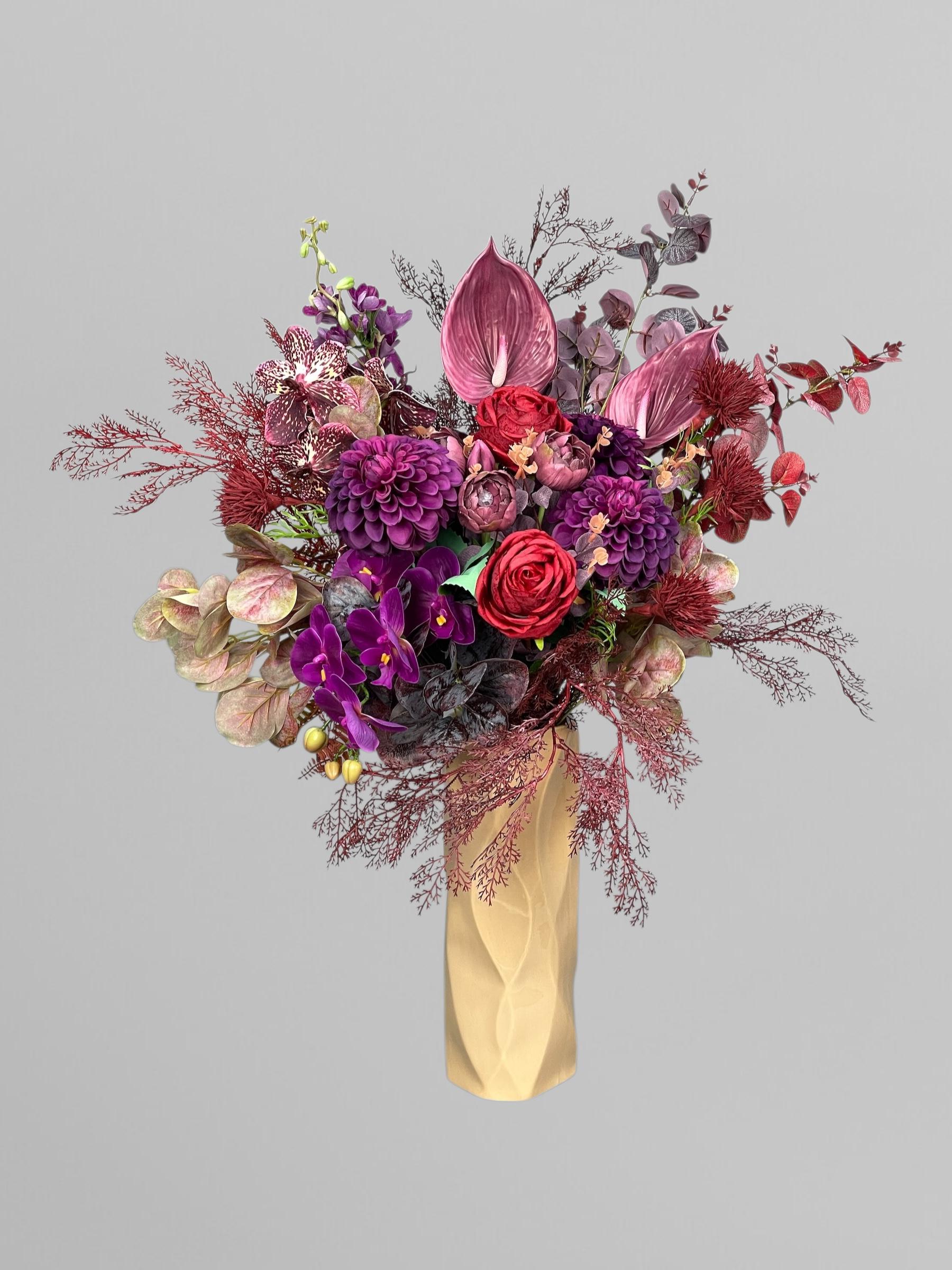 Букет из искусственных цветов с орхидеями розами и тюльпанами Фиолетово-бордовый (А429)