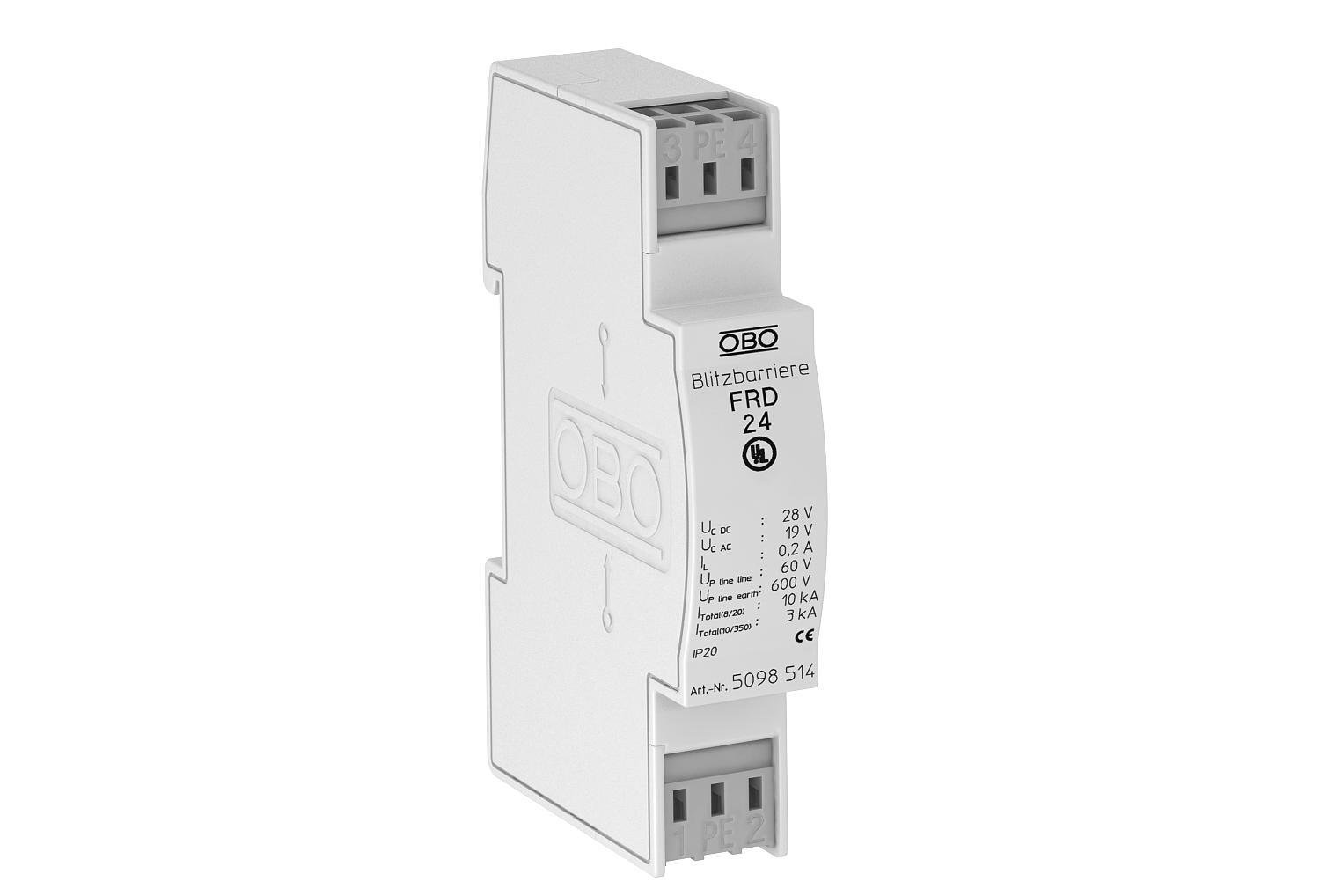 Ограничитель перенапряжения OBO bettermann FRD 24 2P 10кА 24 В AC класc 1+2+3 D1+C2+C1 для двухжильных систем (5098514)