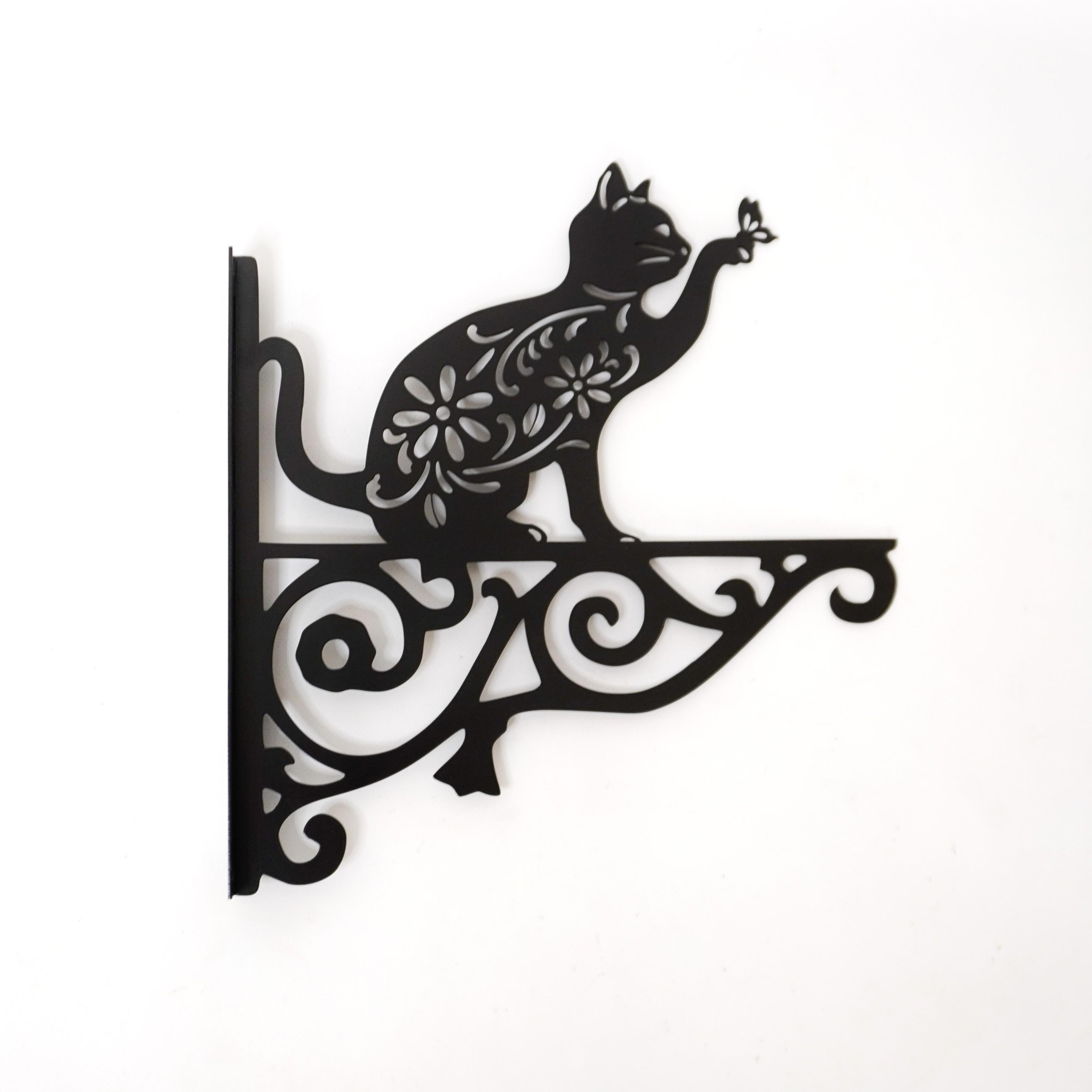 Кронштейн Кошка с узором для кашпо с цветами метал Черный (Б011)