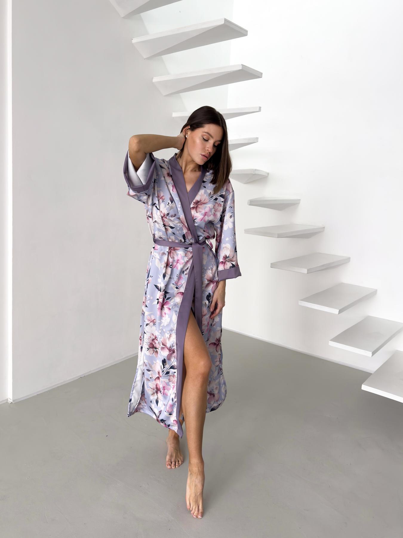 Халат-кимоно женский длинный COSY Morning Bloom Цветы шелк-сатин S/M Лавандовый MB2 (MB2/SM)