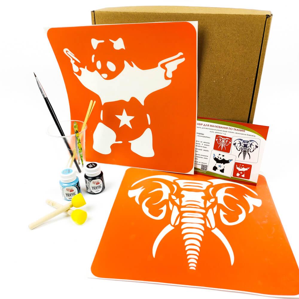 Набор для рисования по ткани Fresh Tattoo Панда и слон 2 больших трафаретов и 2 краски (paint-panda-elephant)