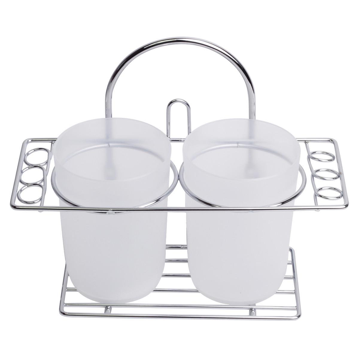 Стакан для зубних щіток на підставці подвійний Besser КМ-0127 із пластику та хромованої сталі 20х8,5х16 см Сталевий/Білий (150-84-0127)