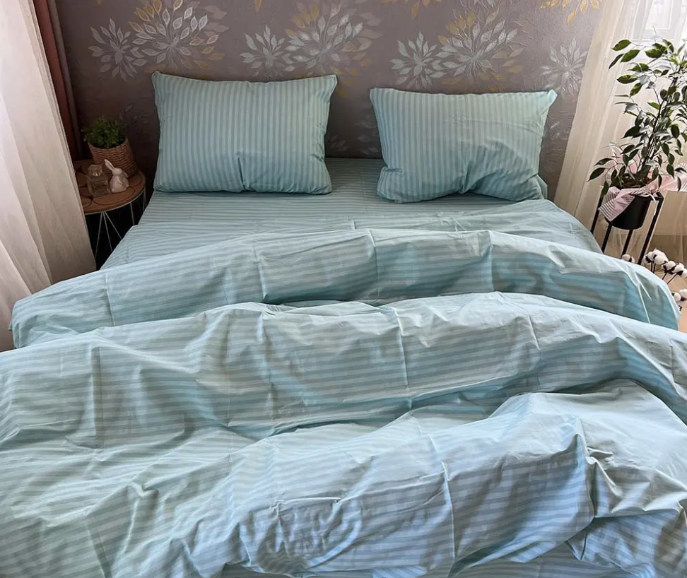 Комплект постільної білизни Gold У смужку євро Бірюзовий (G17) - фото 1