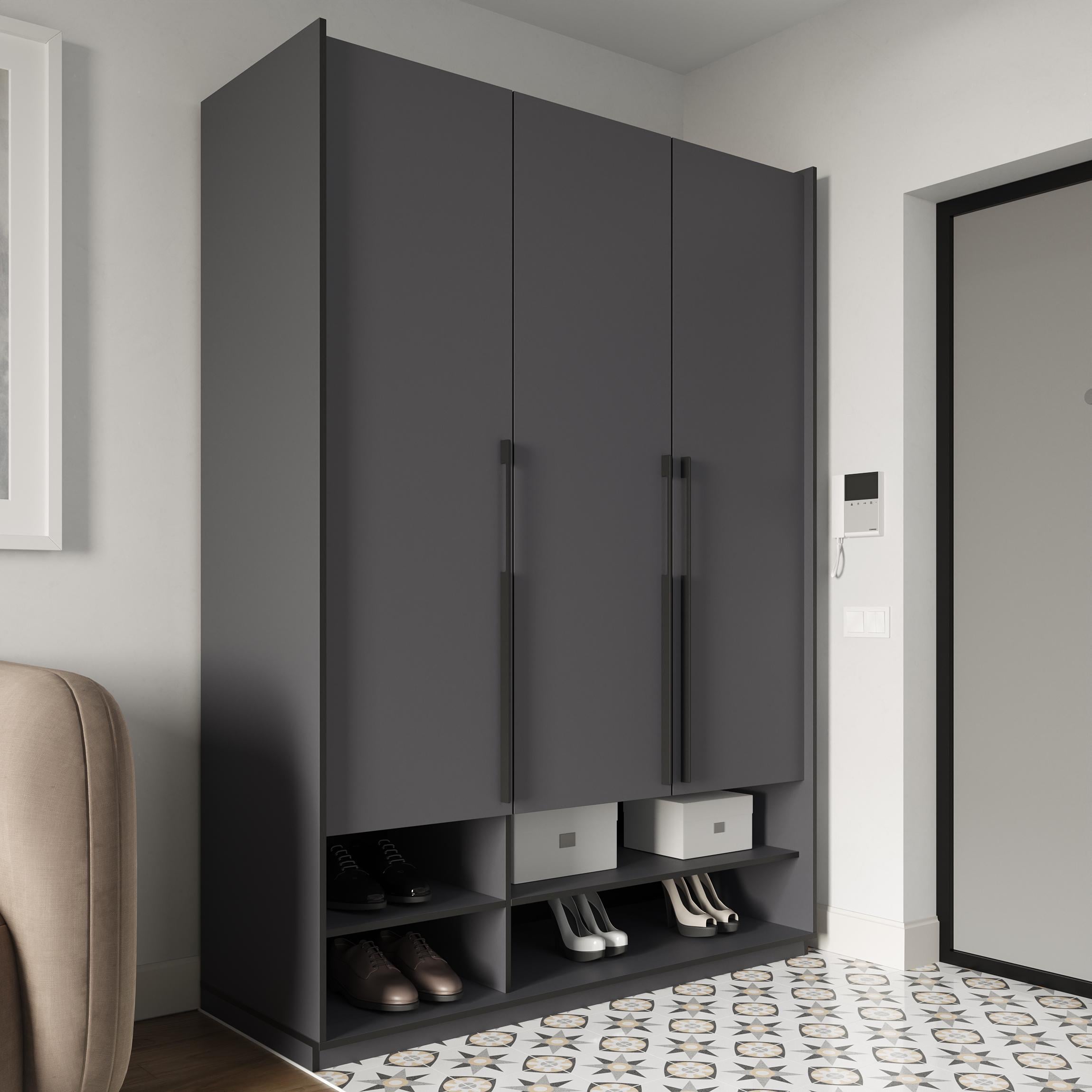 Шкаф в прихожую распашный трехдверный со штангой для одежды 1485х2100х570 мм Антрацит (mr-6-an)