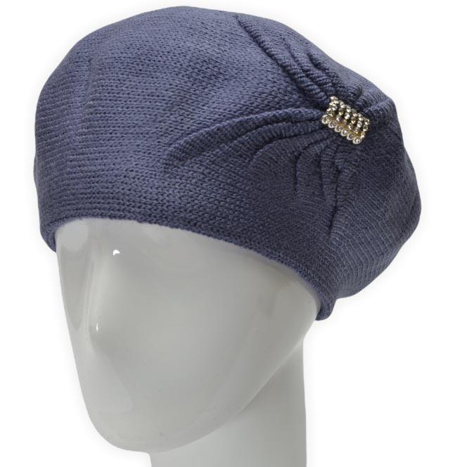 Берет женский Lirus Бонжур из шерсти двойной с узором сбоку и брошью Джинсовый