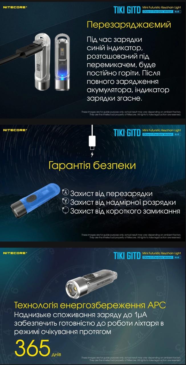 Фонарь наключительный Nitecore TIKI GITD micro-USB люминесцентный с ультрафиолетом Blue (010331) - фото 8