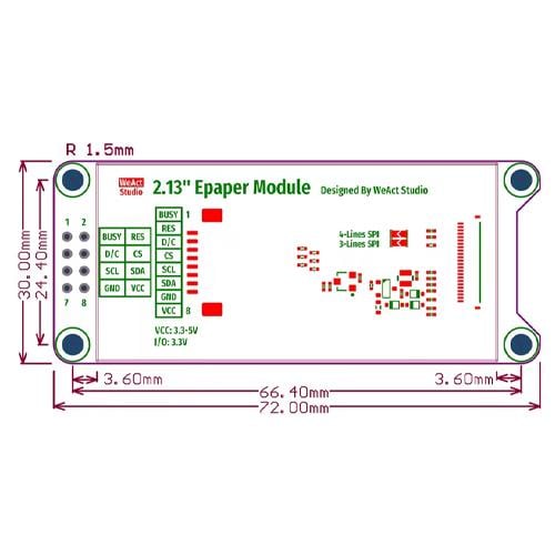 Дисплей E-ink WeAct Epaper SPI 2,13" 250x122 Чорно-білий (888524) - фото 5