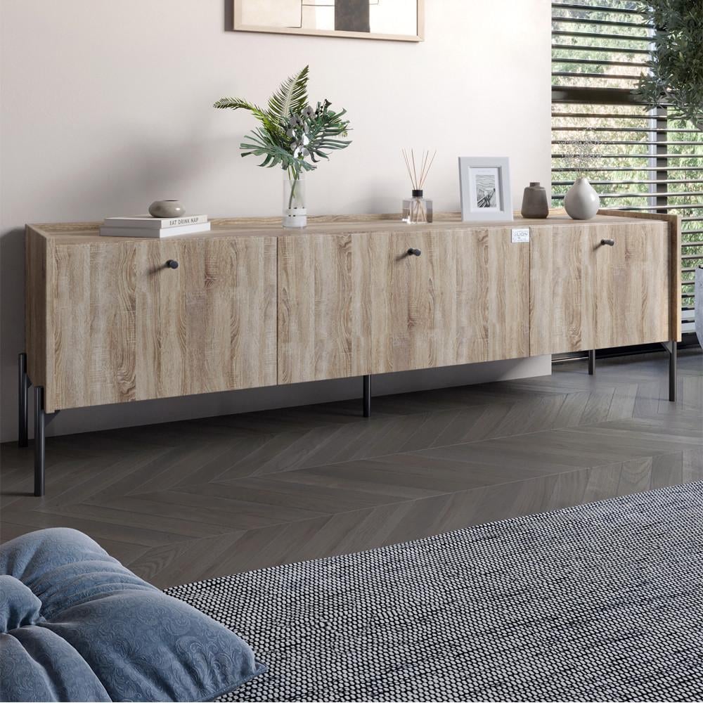 Тумба под телевизор на 3 ящика Lion Wood с черными ножками 160х65х40 см Дуб Сонома Трюфель (Lion-043101)