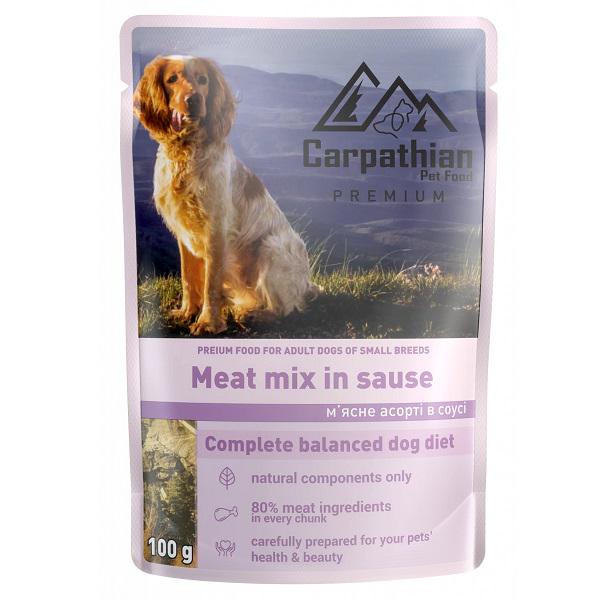 Корм для собак вологий Carpathian Pet Food MINI М’ясне асорті в соусі Meat mix in sause пауч 100 г 24 шт. (000019754)