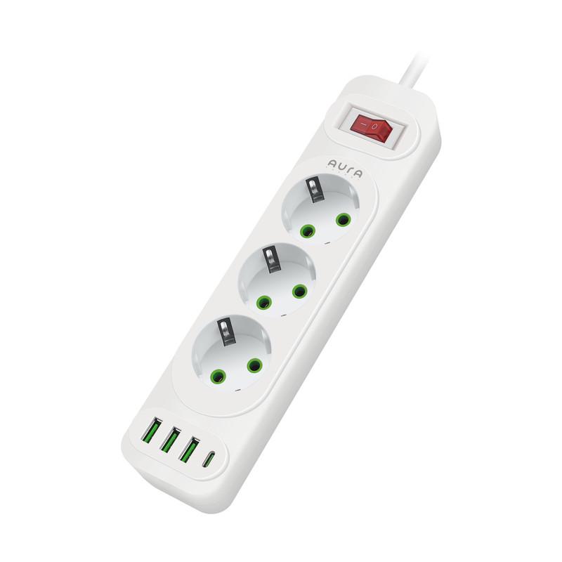 Фильтр-удлинитель сетевой Aura Energy 3/3 USB-A/USB-C PD 2 м White - фото 3