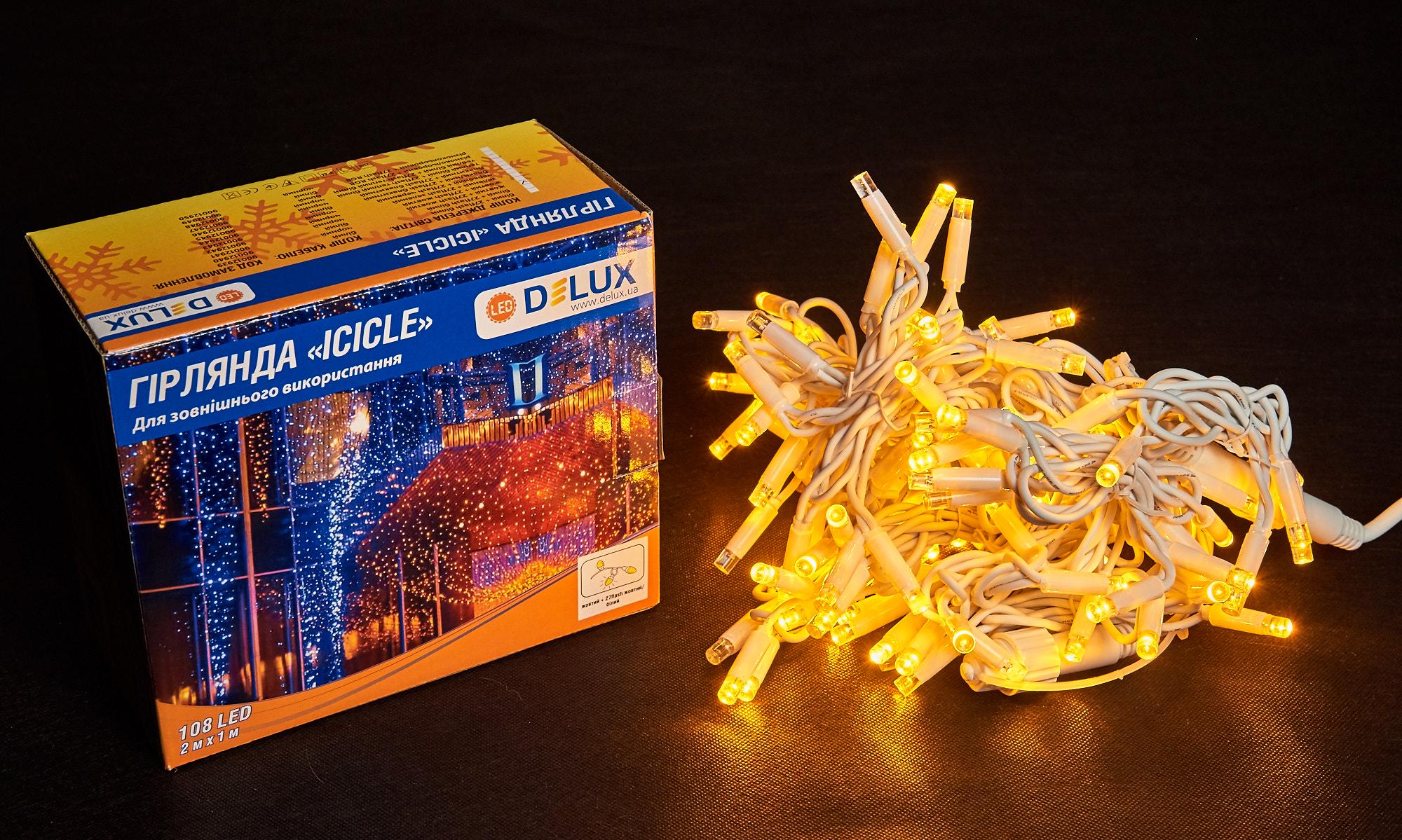 Гірлянда зовнішня Delux Icicle 108 LED IP44 EN бахрома 27 flash 2x1 м Жовтий/Білий (90012941) - фото 1 Гірлянда зовнішня Delux Icicle 108 LED IP44 EN бахрома 27 flash 2x1 м Жовтий/Білий (90012941) - фото 1