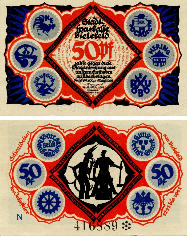 Коллекционная банкнота Германия нотгельд 50 пфеннигов 1921 F-VF Билефельд (Б16133)
