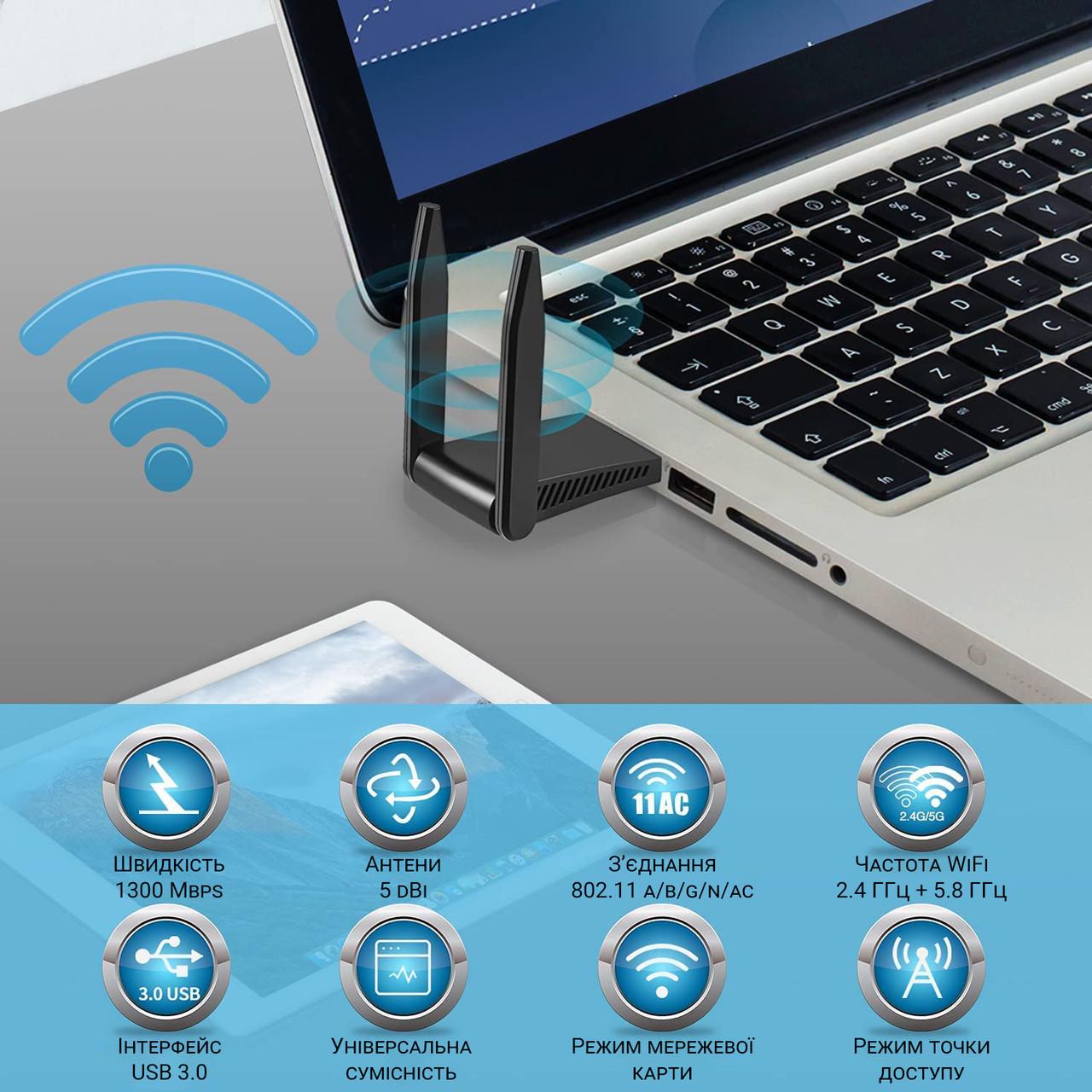 Адаптер сетевой USB Wifi Addap UWA-05 двухдиапазонная беспроводная сетевая карта 2,4/5 GHz 1300 Mbps - фото 5 Адаптер сетевой USB Wifi Addap UWA-05 двухдиапазонная беспроводная сетевая карта 2,4/5 GHz 1300 Mbps - фото 5