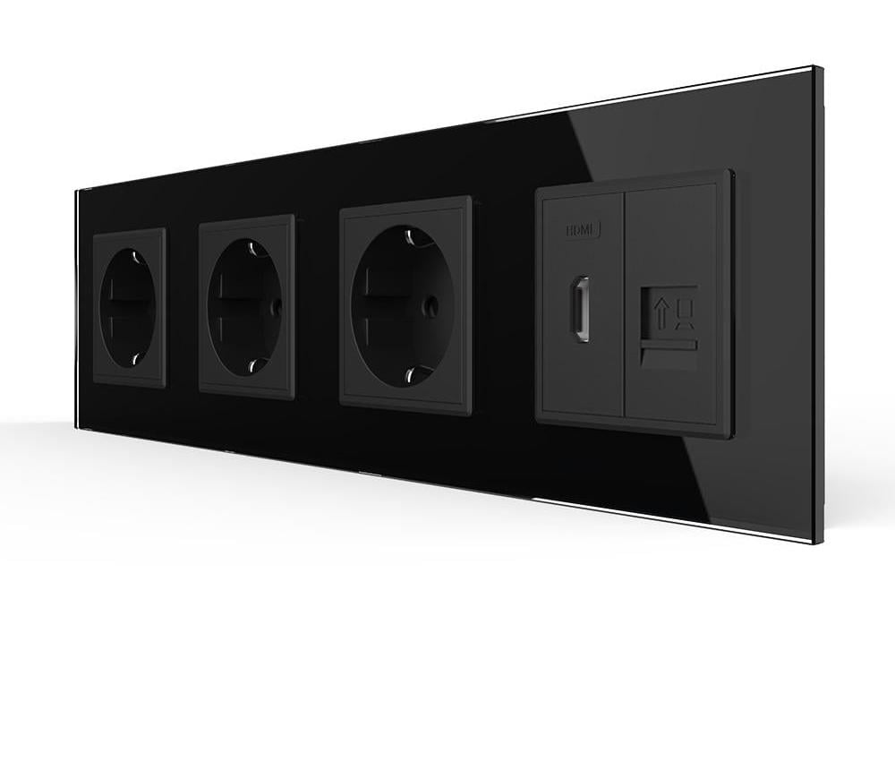 Розетка четырехместная LIVOLO с HDMI/интернет RJ-45 настенная стеклянная рамка Черный (VL-C7FCTC16A/FCHD/FCCP-8BP)