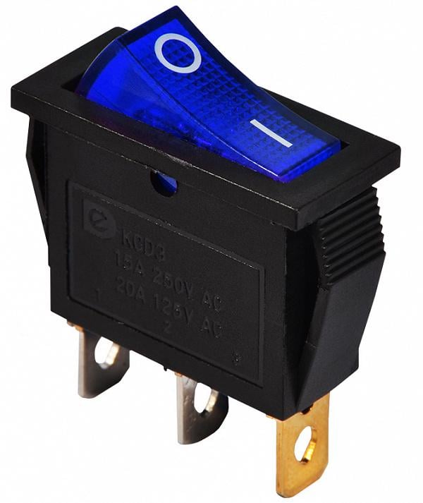 Переключатель АСКО-Укрем KCD3-101N BL/B 1 клавиша 1NO с подсветкой 28 мм 220 V Cиний неон (A0140040030)