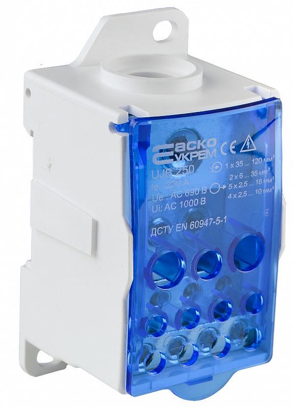 Блок распределительный АСКО-УКРЕМ UJB-250 250А вход 1х120 мм2 выход 4х10 5х16 2х35 мм2 на DIN-рейку (A0130010138)