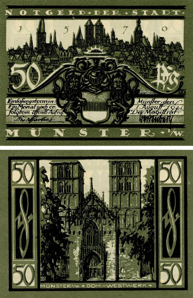 Коллекционная банкнота Германия Нотгельд 50 пфеннигов 1921 F-VF Мюнстер Разновидность 2 (Б18810)