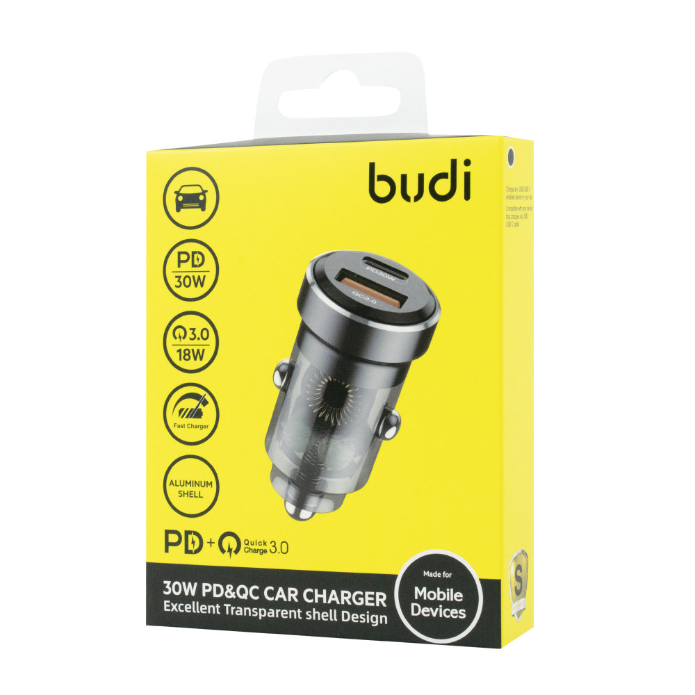 Зарядное устройство автомобильное Budi 30W PD Type-C+18W USB QC3.0 с быстрой зарядкой (CC633B)