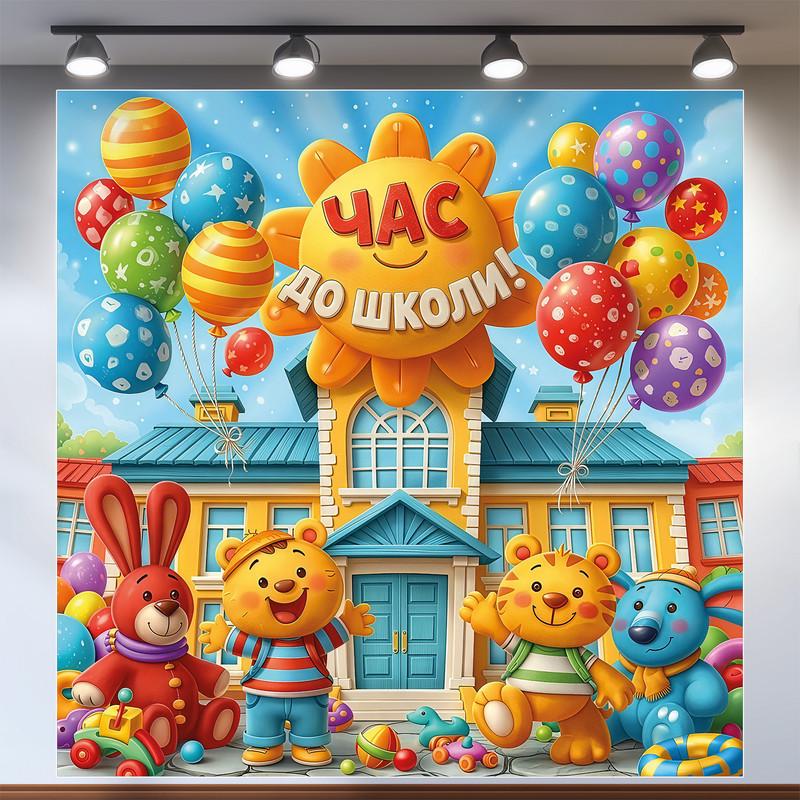 Баннер для фотозоны на выпускной в детском саду "Час до школи" со зверьками и шариками 160х160 см