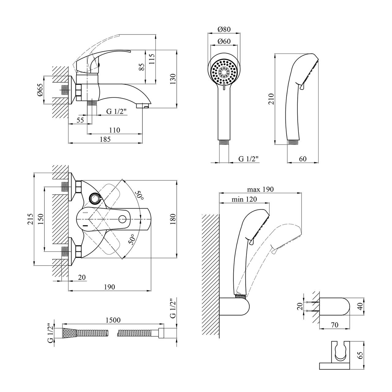Змішувач для ванни Kroner KRP Konstante C060 з душовим гарнітуром Хром (CV023589) - фото 7 Змішувач для ванни Kroner KRP Konstante C060 з душовим гарнітуром Хром (CV023589) - фото 7
