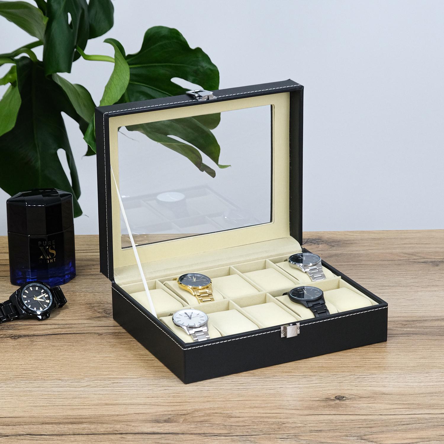 Шкатулка для часов Гранд Презент с 10 слотами экокожа 26х21х8,5 см Черный (JZ-028)
