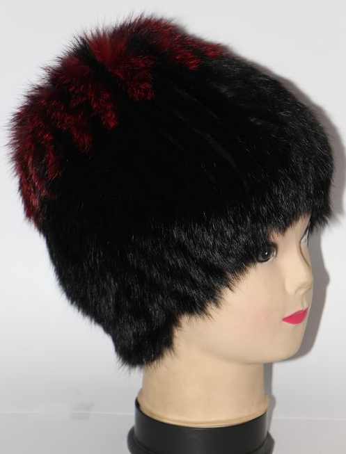 Шапка меховая женская Черный с красными полосочками (28668)