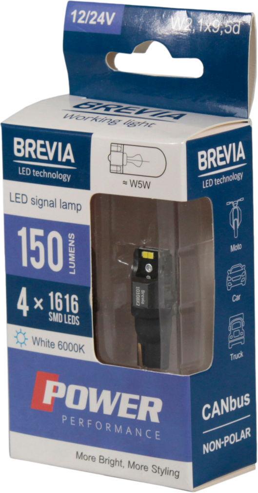 Лампочка без цоколя Brevia LED T10 W5W SMD 4 диоды 12/24V W2.1x9.5d CANbus 2 шт. Белый (10108X2)