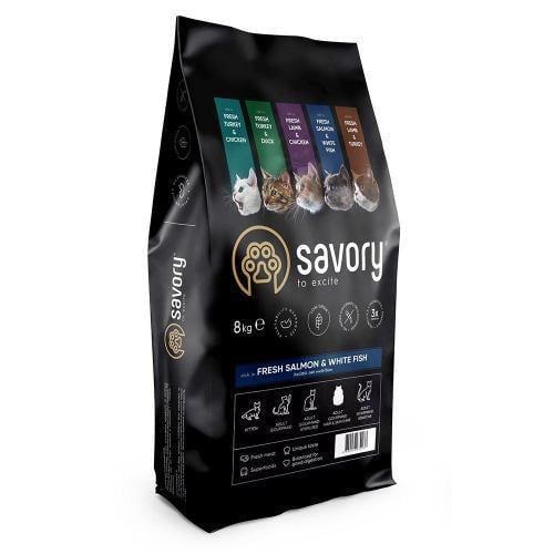 Корм сухой для длинношерстных кошек Savory со свежим лососем и белой рыбой 8 кг