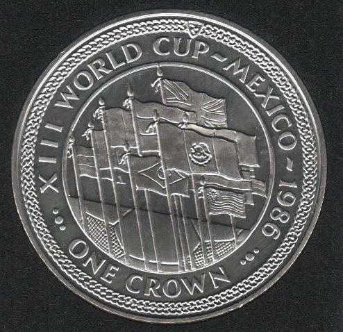 Коллекционная монета Остров Мэн 1 крона 1986 Чемпионат мира по футболу в Мексике UNC Разновидность 6 (KM#164)