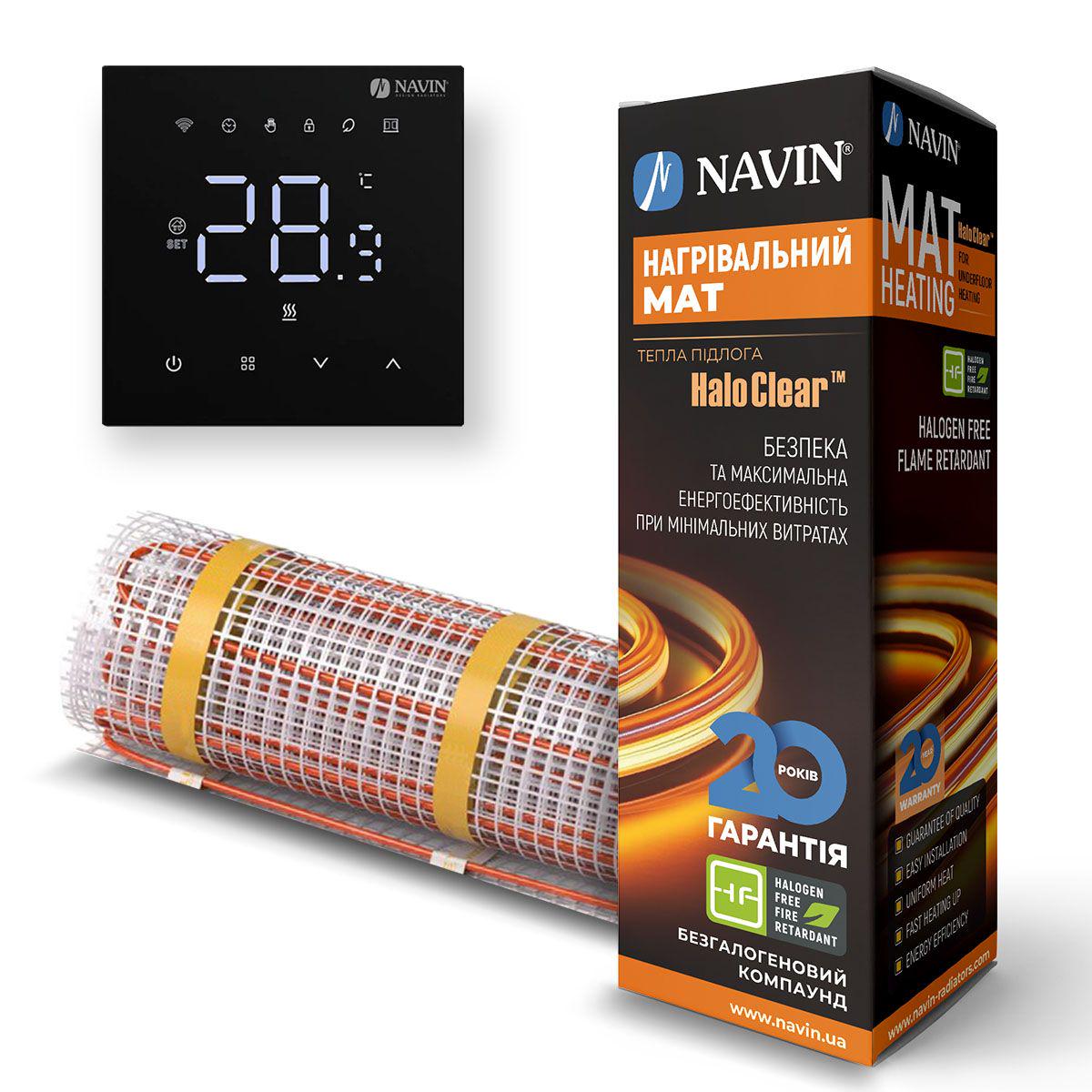 Комплект теплої підлоги Comfort нагрівальний мат NAVIN HaloClear 175 Вт/0,9м2 1,8 м та терморегулятор WT410 W-16A з Wi-Fi Чорний матовий