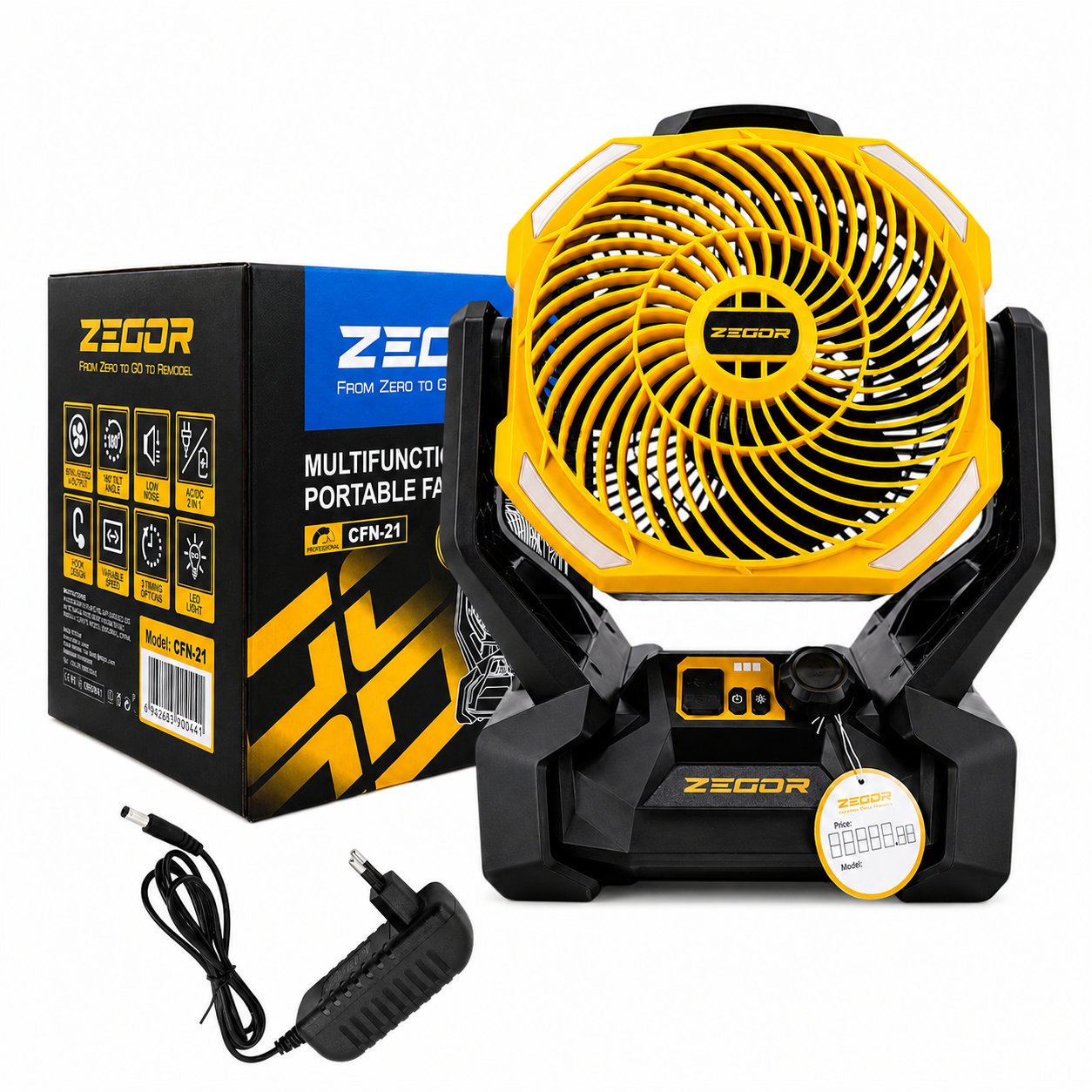 Настольный вентилятор Zegor CFN-21 2300 об/мин 20 В 17,8 м3/мин аккумуляторный портативный 0-180° Желтый