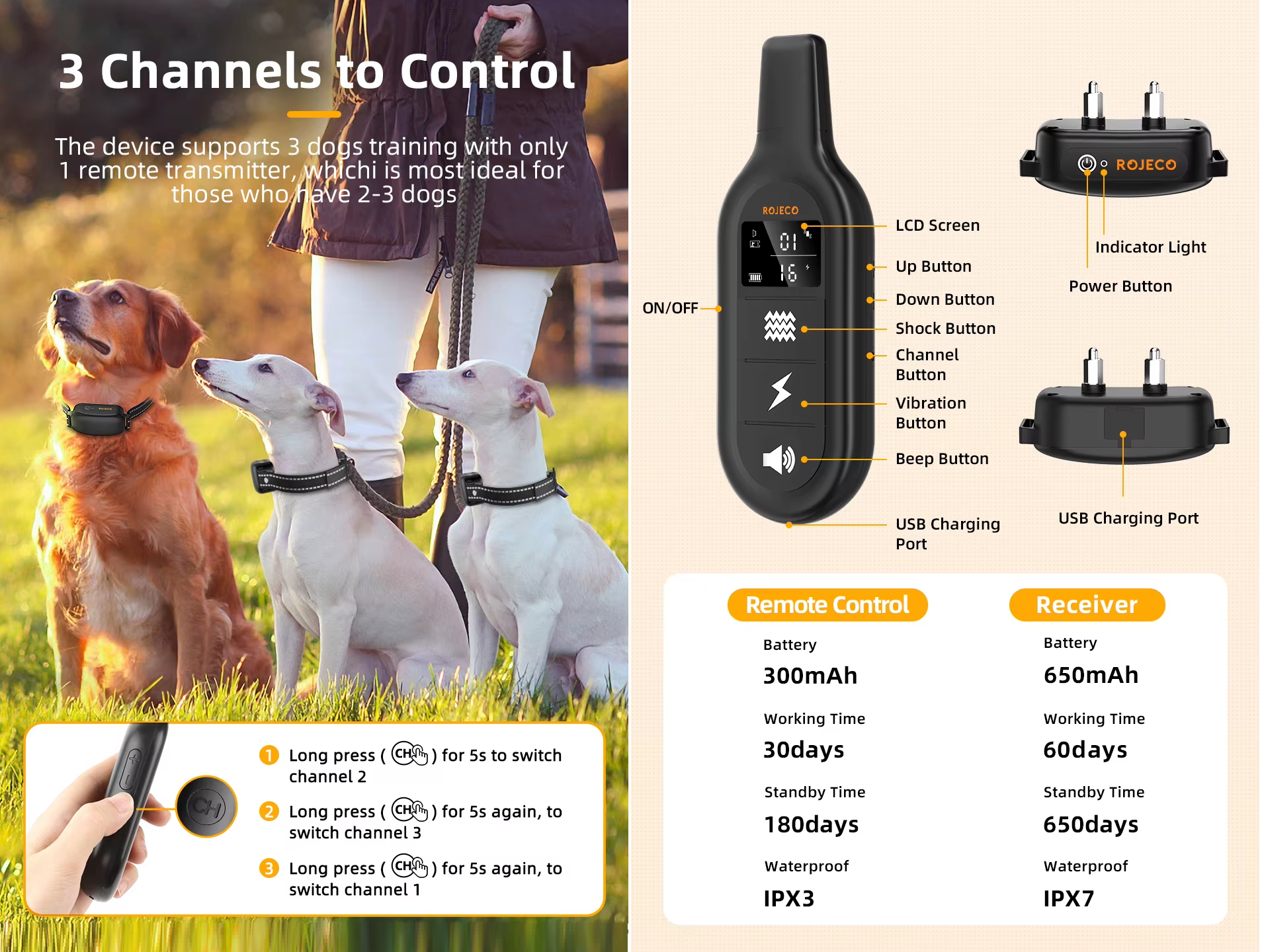 Електронний Ошийник для дресирування і корекції поведінки собак ROJECO PD521 1000 м - фото 6 Електронний Ошийник для дресирування і корекції поведінки собак ROJECO PD521 1000 м - фото 6