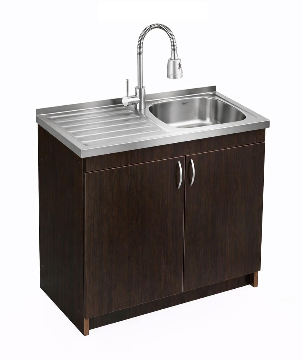 Тумба кухонная с усиленной мойкой 80х50 см 0,8 мм правая чаша рефлекторный смеситель с сифоном Венге