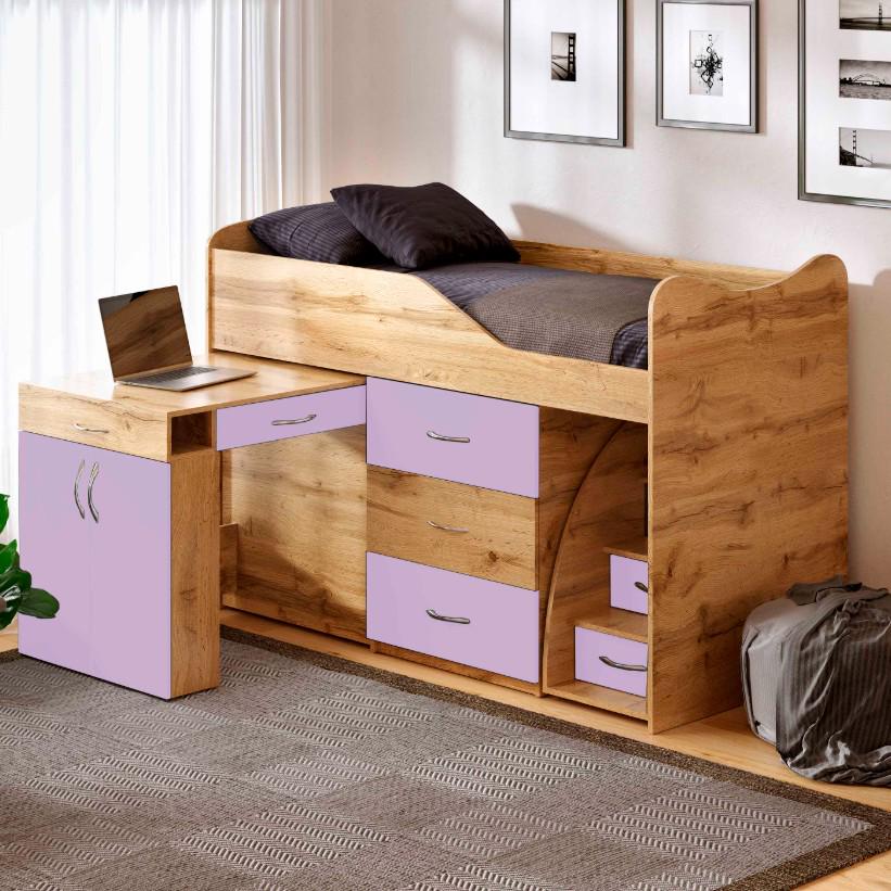 Комплект для детской BED-ROOM 5 кровать с комодом и письменный стол 1840x860x1200 мм Дуб Тахо/Лаванда