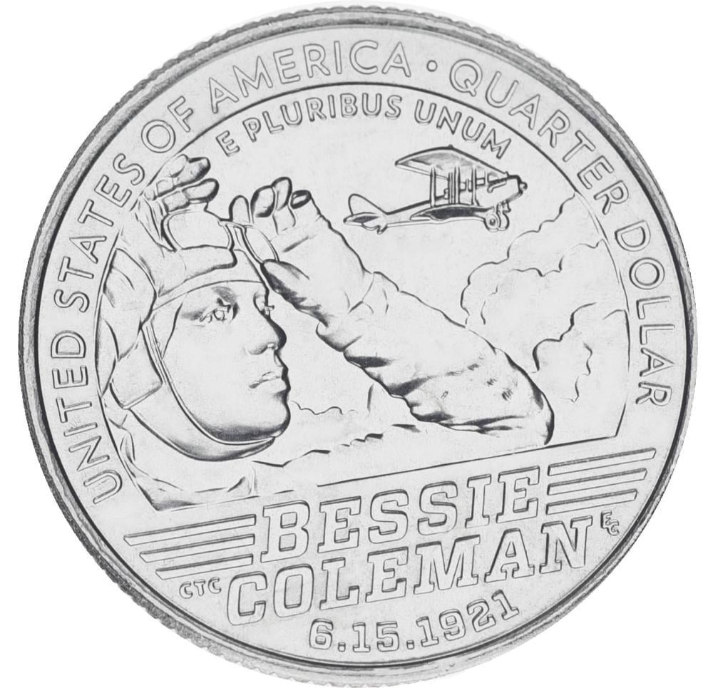 Коллекционная монета США 25 центов 2023 UNC P Женщины Америки - Летчица Бесси Колман (М17645)