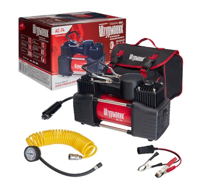 Компресор AC-74 150psi/15Amp/85л/2 циліндра/PU шланг з дефлятором 5 м Компресор AC-74 150psi/15Amp/85л/2 циліндра/PU шланг з дефлятором 5 м