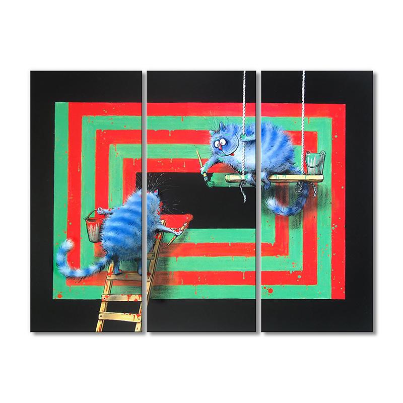 Модульная картина Коты рисуют абстракцию 3 модуля 80x120 см