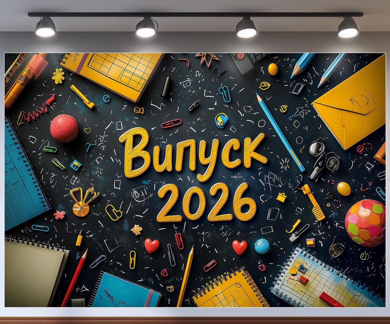Баннер для фотозоны "Випуск 2026" школьная доска с канцелярией и яркими принадлежностями праздничный фон 240x160 см №41313