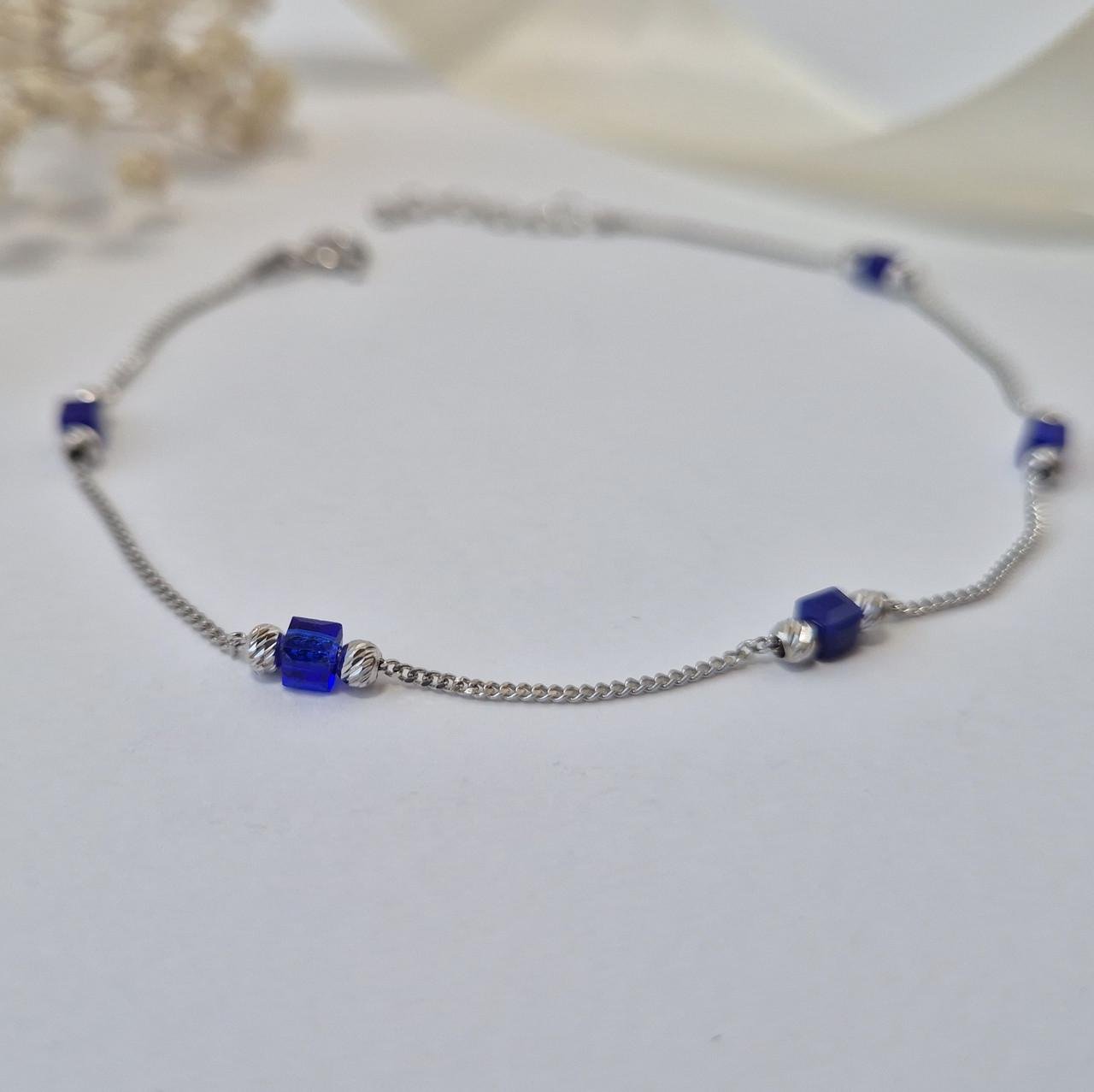 Браслет с шариками и синими камнями серебро 925 пробы родированное 1,26 г 18-20 см (6393г)