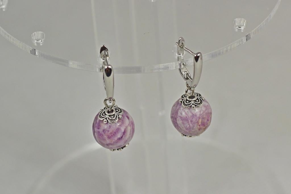 Серьги подвески шарики чароит 3,5 см Серебристый (29513465)