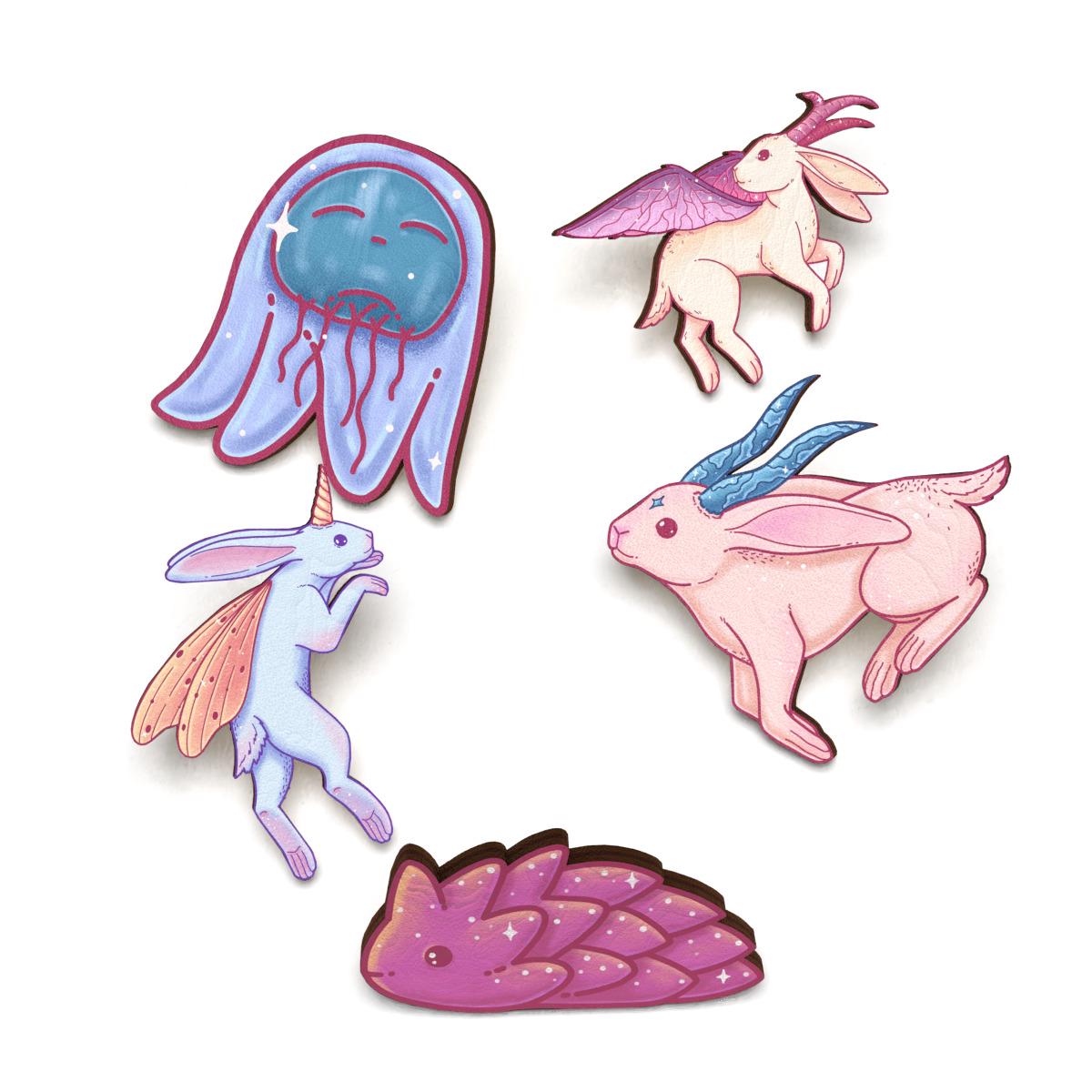 Набор значков Lex Altern Мистические кролики из дерева 5 шт.