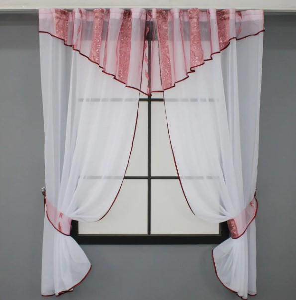 Комплект на кухню шторки/ламбрекен 280х170 см Белый/Бордовый (084к)
