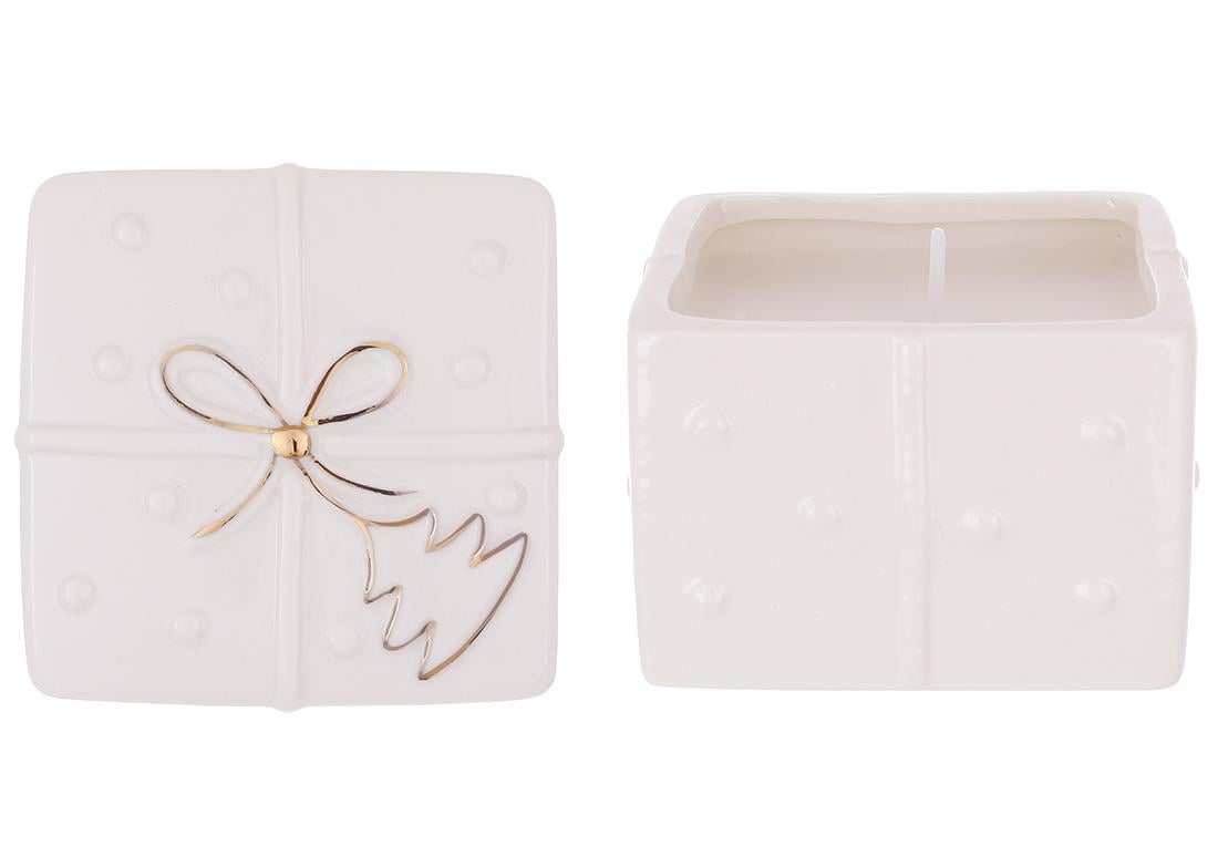 Подсвечник фарфоровый BonaDi в форме подарка с золотым бантом с восковой свечой 8х7,5 см (727-557)