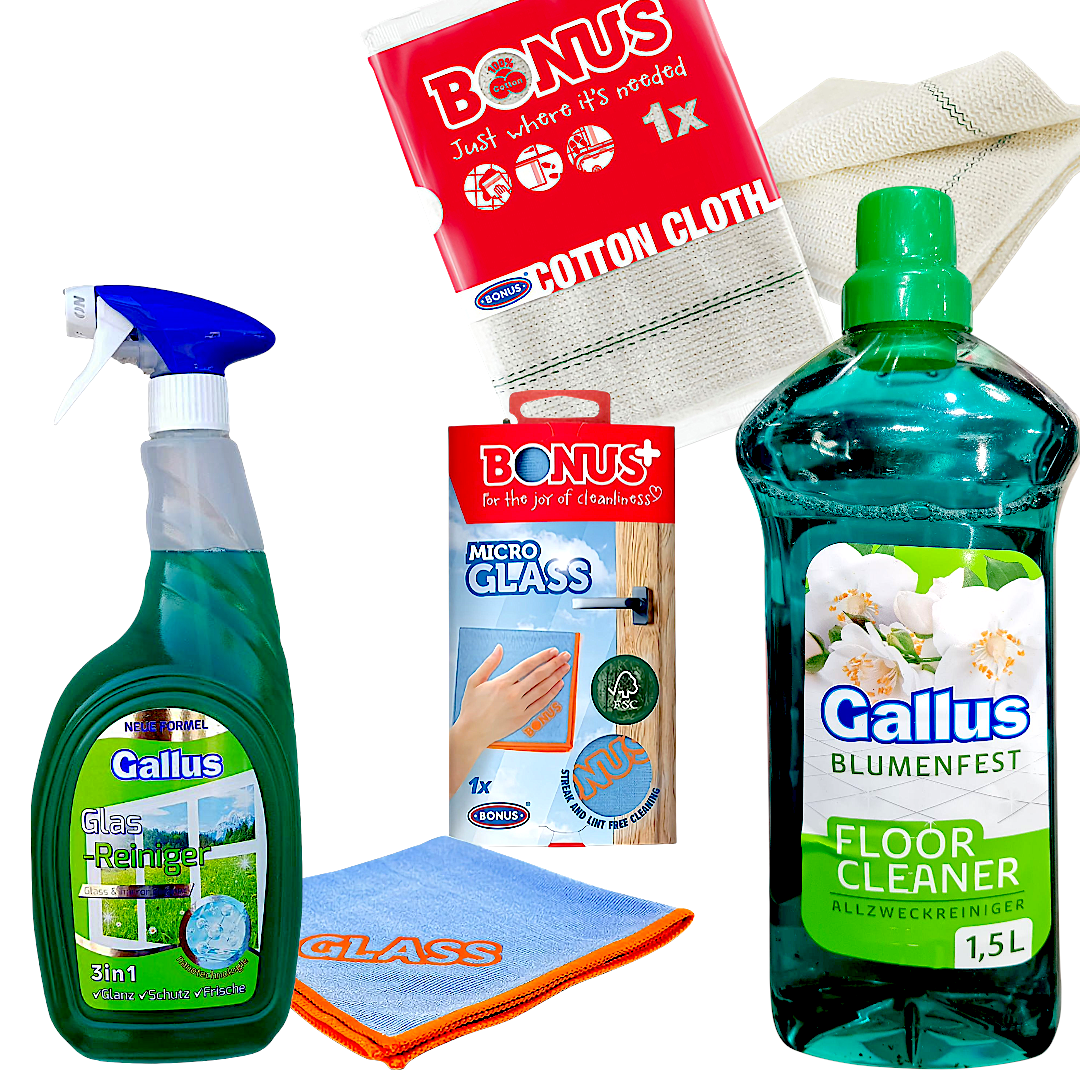 Набор средство для мытья полов Gallus 1,5 л/спрей для стекол Gallus 1 л/тряпки MicroGLASS/BONUS Cotton cloth (111152)