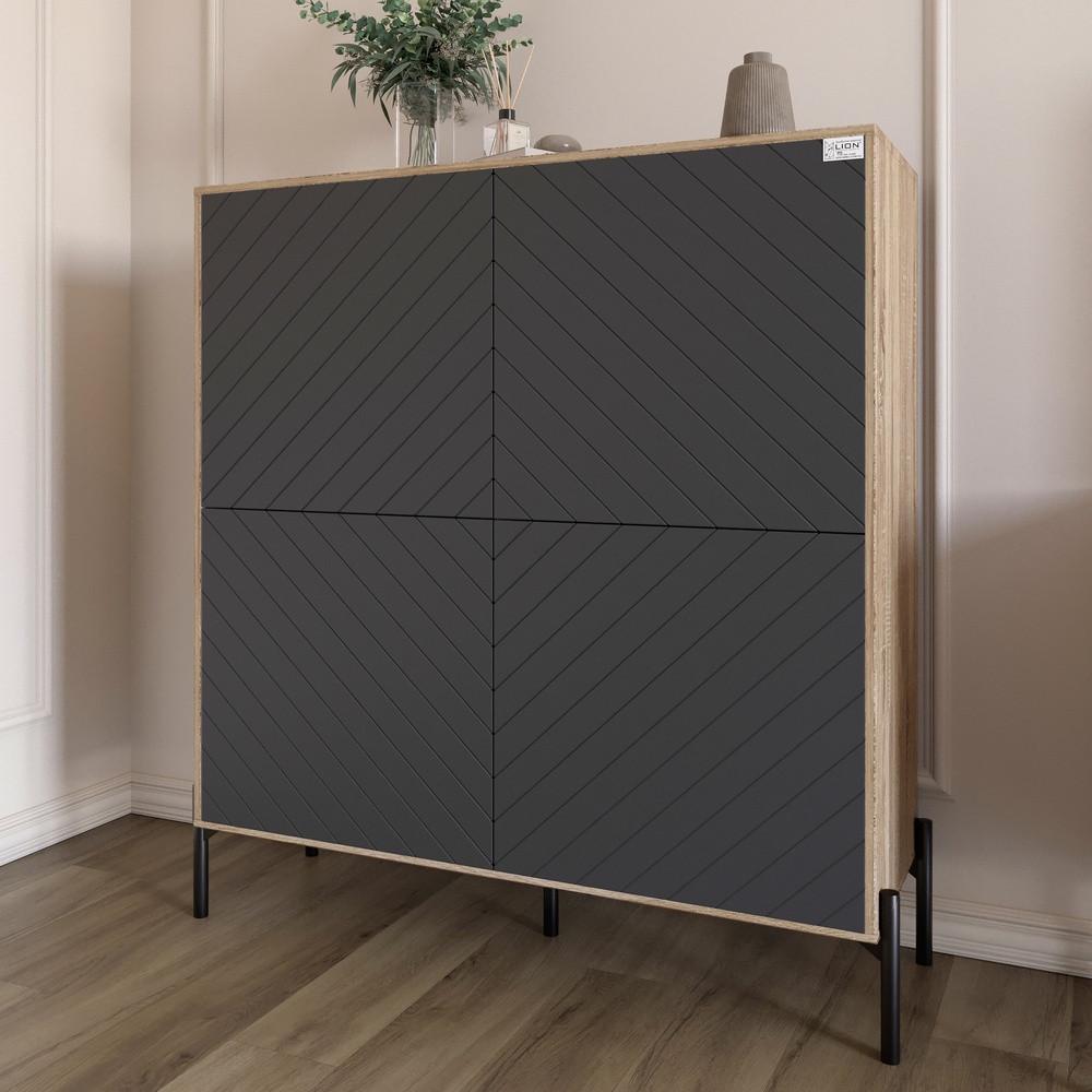 Комод-пенал с черными металлическими ножками Lion Амарант 114х40х126,5 см Дуб сонома трюфель/Графитовый (Lion-042020)