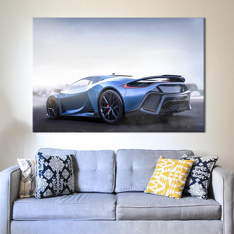 Настенный декор картина на холсте для интерьера Голубая гоночная машина 51x34 см (120-1)
