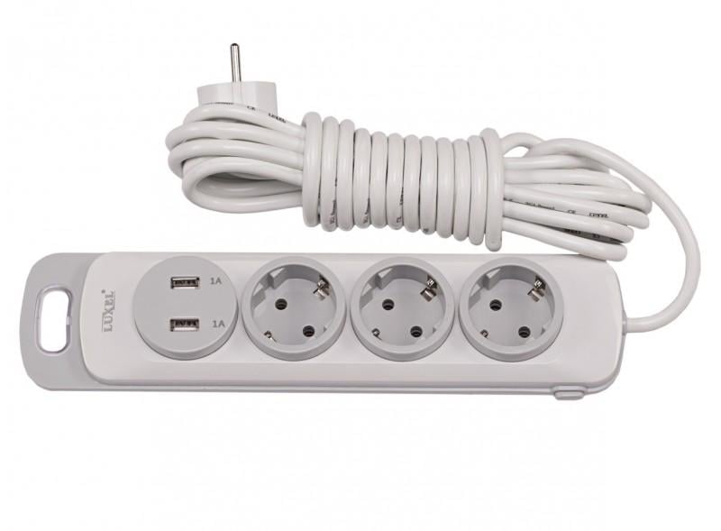 Сетевой удлинитель Luxel Nota USB 3м 3 гнезда с заземлением и выключателем и 2 USB гнезда