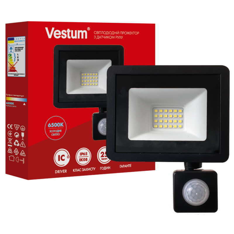 Прожектор светодиодный с датчиком движения Vestum 30W 2400Lm 6500K 180-260V IP65 (1-VS-3021) - фото 1